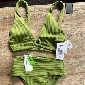 L*SPACE desi high waist bottom fisher triangle top olive green ribbed